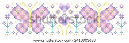  Pattern with butterflies, hearts and flowers in cross stitch style on white background.