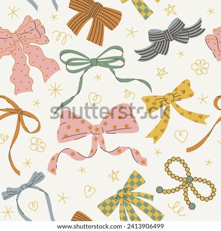 Seamless pattern with various cartoon bow knots, gift ribbons. Trendy hair braiding accessory. Hand drawn vector illustration. Valentine's day background. Royalty-Free Stock Photo #2413906499