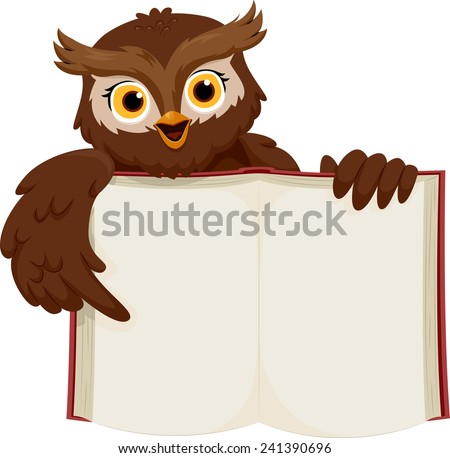 Illustration of a Smiling Owl Pointing at an Open Book 