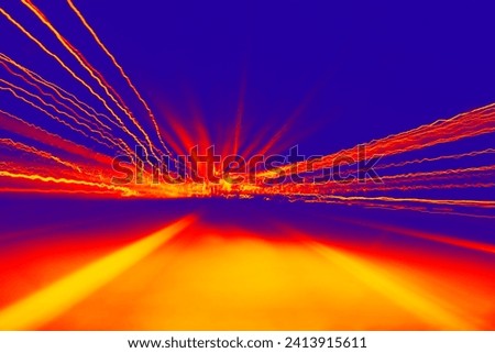 Magical night journey by car and lights, luminous flux, abstract background for text, blue, orange and red color