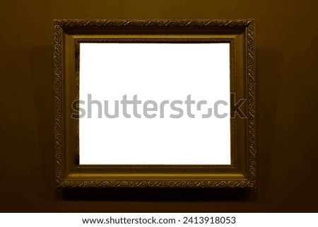 mock up wooden patterned frame mock up. Gold carved wooden frame on yellow wall. Empty interior. mock-up. Template for art  decoration.  luxury design. Mockup golden blank retro picture. background