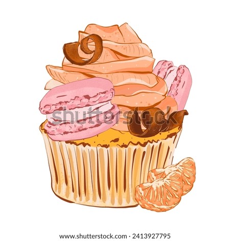 Cupcake with orange cream, chocolate and macaron. Realistic style. Hand drawn illustration isolated on white background. Graphic element for pastry shops, logo, menu.