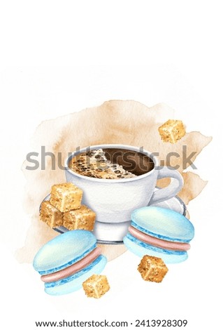 watercolor postcard with sweet breakfast, hand drawn illustration of coffee theme, cup of espresso, macaroons and brown sugar cubs on watercolor splashes background