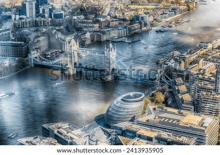 Scenic aerial view over the river Thames and Tower Bridge, London, England, UK