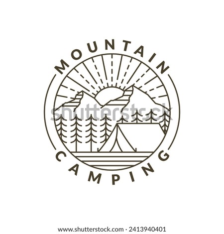 mountain morning camping illustration monoline or line art style, design can be for t shirts, sticker, printing needs