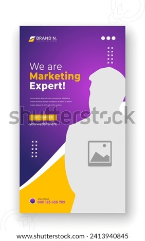 Corporate and creative marketing solutions social media story, cover template, abstract business promotion specialist web banner design in orange gradient color on purple background