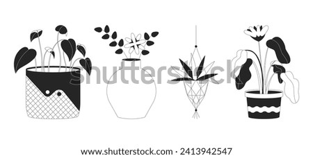 Planting flowerpots black and white 2D line cartoon objects set. Potted houseplants isolated vector outline items collection. Flowering. House plants in pots monochromatic flat spot illustrations Royalty-Free Stock Photo #2413942547