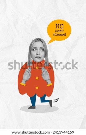 Collage image picture of lazy girl avoid ignore work say no work please stop isolated on drawing background