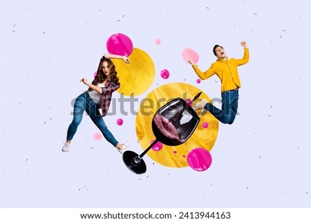 Photo collage artwork minimal picture of funny lucky couple enjoying friday event isolated violet color background