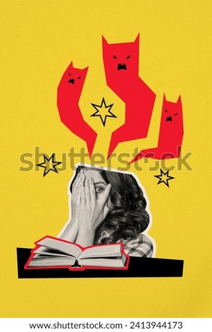 Vertical drawing collage of young scared girl reading horror book at home scared about angry nightmares isolated on yellow background