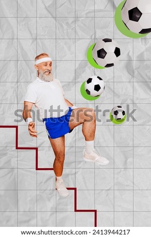 Vertical collage picture of excited grandfather leg knee kick football isolated on paper checkered drawing background