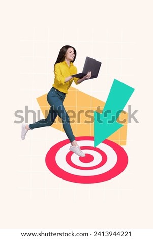 Vertical collage image of positive girl use laptop run darts board target arrow pointer isolated on checkered beige background