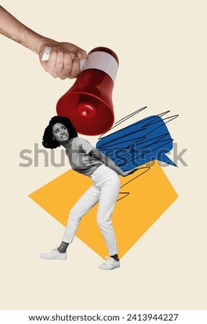 Vertical collage picture of arm hold loudspeaker toa mini black white colors girl carry heavy dialogue bubble isolated on beige background