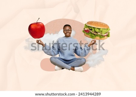 Photo collage picture sitting young smiling cheerful girl meditating thinking about hamburger apple choose food eat delicious