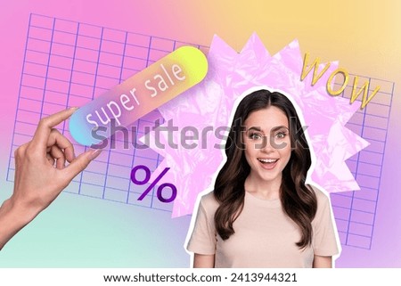 Creative abstract template collage of amazed female hand hold super sale tag shopping weird freak bizarre unusual fantasy billboard comics