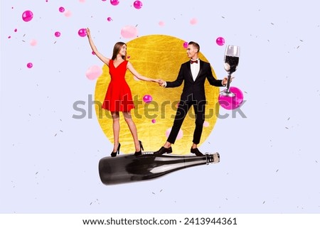 Photo collage picture of charming smiling couple dancing enjoying event together isolated violet color background