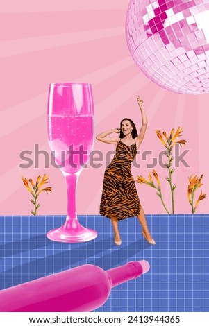 Picture collage image of cheerful smiling beautiful girl dancing night club party enjoying cool weekend and tasty wine