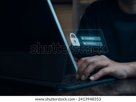 Cyber security concept. Sign in page on virtual screen while business person working with on digital tablet or laptop computer for validate password, Identity verification, logging in to the website.