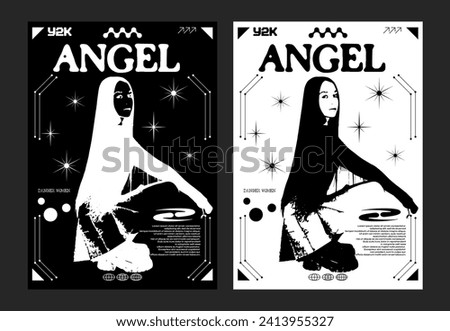  Retro futuristic poster girl Y2k.  Vector banner for printing, clothes prints