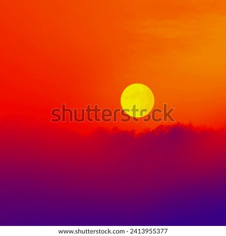 Nature, sunset in a foggy landscape, yellow sun, blue horizon and red sky, natural background for text, colored photography