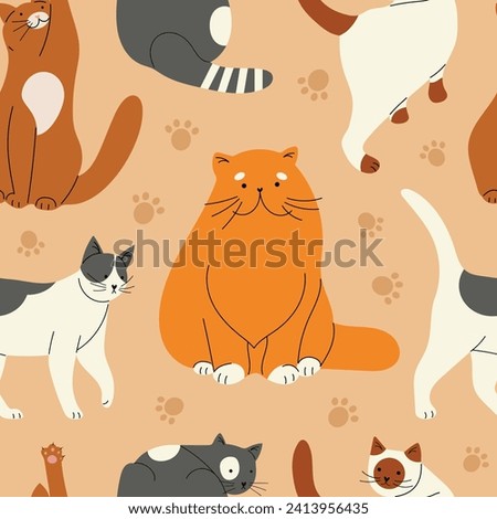 Vector seamless pattern with different cute domestic cats, hand drawn in flat design Royalty-Free Stock Photo #2413956435