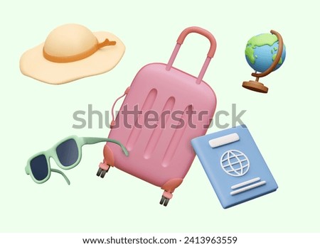 Set of vacationer accessories. 3D pink plastic suitcase, passport, globe, sunglasses, sun hat. Vector concept of floating objects. Web design in cartoon style Royalty-Free Stock Photo #2413963559