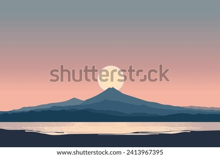 Beach with black volcanic sand against the backdrop of high mountains and sunset. Beach landscape with views of high mountains against the backdrop of a beautiful sunset. Simple vector illustration. Royalty-Free Stock Photo #2413967395