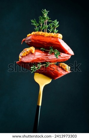 Bavarian sausages with grainy mustard on a fork. Close up. On a black background.