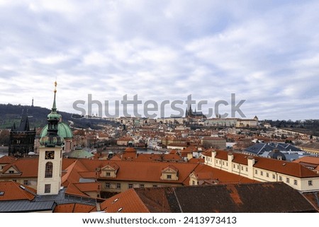 Prague city skyline photo. Cloudy day.