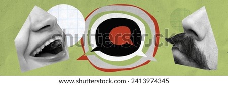 Advertisement for debate or public speaking event, emphasizing the exchange of ideas between diverse individuals. Male, female mouth with speech bubble. Individuality, opinion, communication concept Royalty-Free Stock Photo #2413974345
