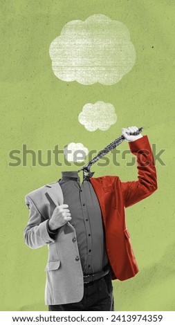 Mental health awareness campaign on the complexity of human thoughts and identity. Headless man in suit with cloud bubbles instead head. Concept of psychology, social pressure, uncertainty Royalty-Free Stock Photo #2413974359