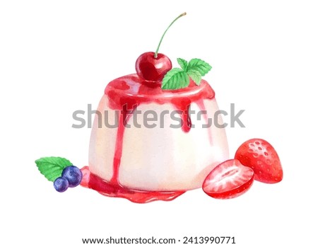 Vector hand painted watercolor illustration of Panna Cotta dessert isolated on white background