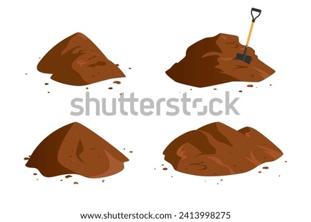 Soil piles with a shovel. Cartoon set of brown dirt heaps. Vector illustration isolated on a white background. Royalty-Free Stock Photo #2413998275