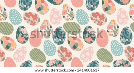 Happy Easter. Vector seamless pattern. Easter eggs with abstract flowers. Design element. Royalty-Free Stock Photo #2414001617