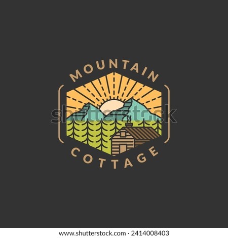 Mountain morning and cottage badge vector illustration with monoline or line art style, design can be for t shirts, sticker, printing needs