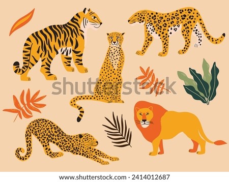 Set of wildlife animals vector illustrations, collection of tiger, lion, cheetah, leopard exotic plants, tropical leaves isolated on a light background. Bundle of wild cats art
