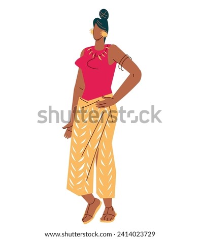 Beautiful woman or fashion model character in fashionable trendy summer outfit, flat vector illustration isolated on white background. Woman in summer dress standing full length.
