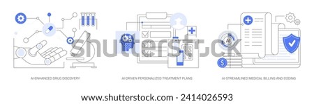 Artificial Intelligence in Healthcare abstract concept vector illustration set. AI-Enhanced Drug Discovery, Personalized Treatment Plans, Medical Billing and Coding, medical costs abstract metaphor. Royalty-Free Stock Photo #2414026593