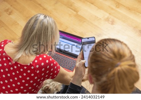 Rear view from above of two women shopping from home using laptop and smartphone. Details on the monitor are blurred.. Horizontaly. 