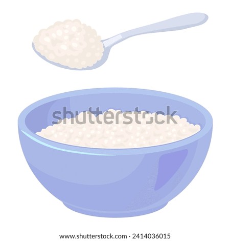 Cottage cheese in blue bowl, milk dairy product. Vector illustration. Cartoon healthy ricotta or cottage cheese, food production isolated on white Royalty-Free Stock Photo #2414036015