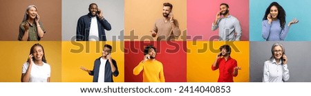A lineup of joyful people from various ethnic backgrounds posing with smartphones, displaying emotions from excitement to casual confidence, set against vibrant solid-colored backgrounds Royalty-Free Stock Photo #2414040853