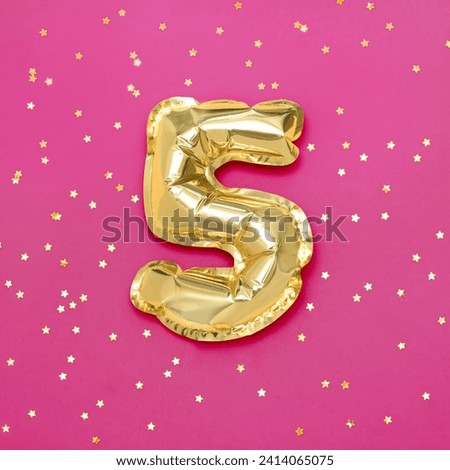 5th anniversary. Bright Poster for fifth Anniversary with number 5 of Golden color foil balloon on pink background. Square holiday template for event Party. Colorful greeting card for birthday