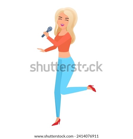 Happy blonde girl singing at karaoke party. Woman holding microphone cartoon vector illustration Royalty-Free Stock Photo #2414076911