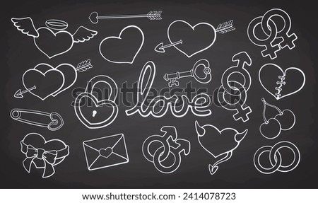 Collection of Hearts and Love Symbols. Valentines Day doodle Set. Vector Illustration. Hand drawn Outline Clip Art. Chalk Style Design Element Isolated on Chalkboard Background