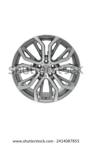 Silver metallic colour alloy wheel auto spare part, accessories equipment for modify on automotive to look beautiful, isolated on white back ground