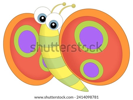Cartoon happy animal insect butterfly flying and looking isolated illustration for kids