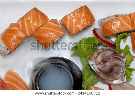 Traditional Japanese food. flat lay. freshly cooked, varied sushi rolls. High quality image