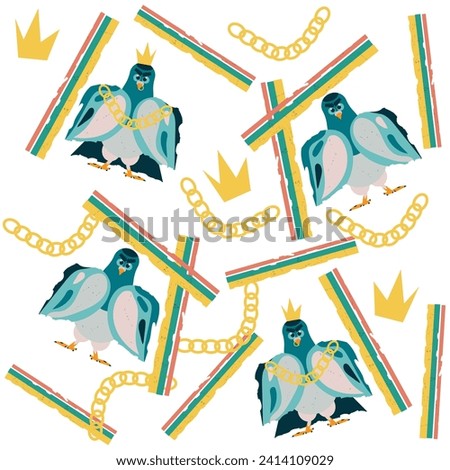 Cute multicolored seamless blue-yellow-orange pigeons pattern on white background. Colorful vector illustration for cards, business, banners, textile, wallpaper, wrapping