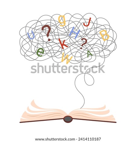 Dyslexia, school learning difficulty and disability. Open book with knot of thread and chaos of letters, dyslexic problems with reading, writing and spelling for pupil cartoon vector illustration Royalty-Free Stock Photo #2414110187