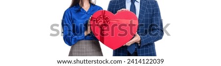 Charity concept. Exchanging present reward. Businesspeople. 14 February. Businesspeople with present isolated on white. Valentines day celebration in office. Valentines day offer. Business support Royalty-Free Stock Photo #2414122039